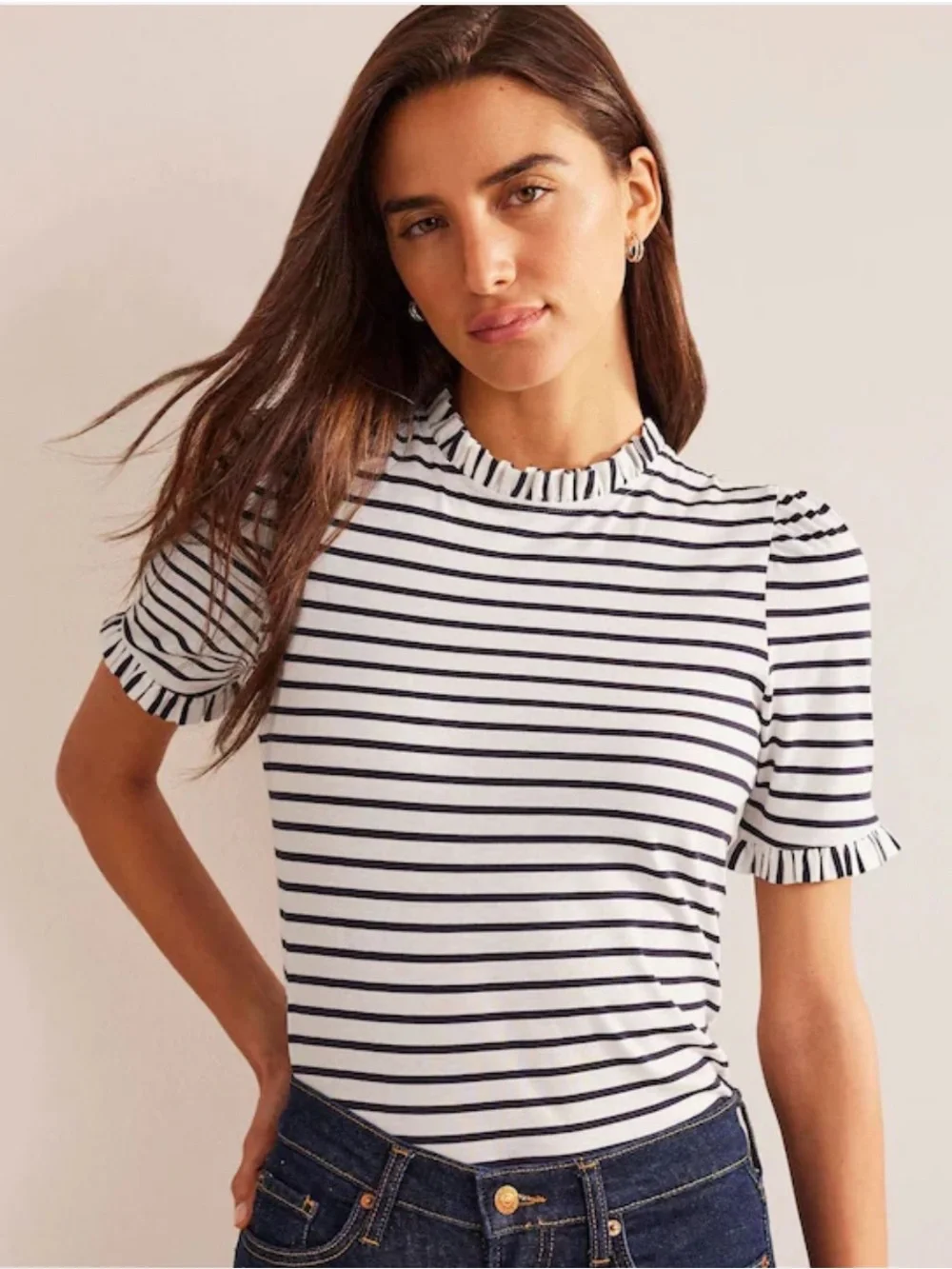 Boden Cream Supersoft Frill Detail T-Shirt (US 12)